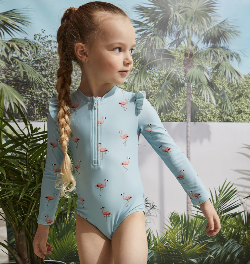 Flamingo Print on Canal Blue Long-Sleeve Swimsuit